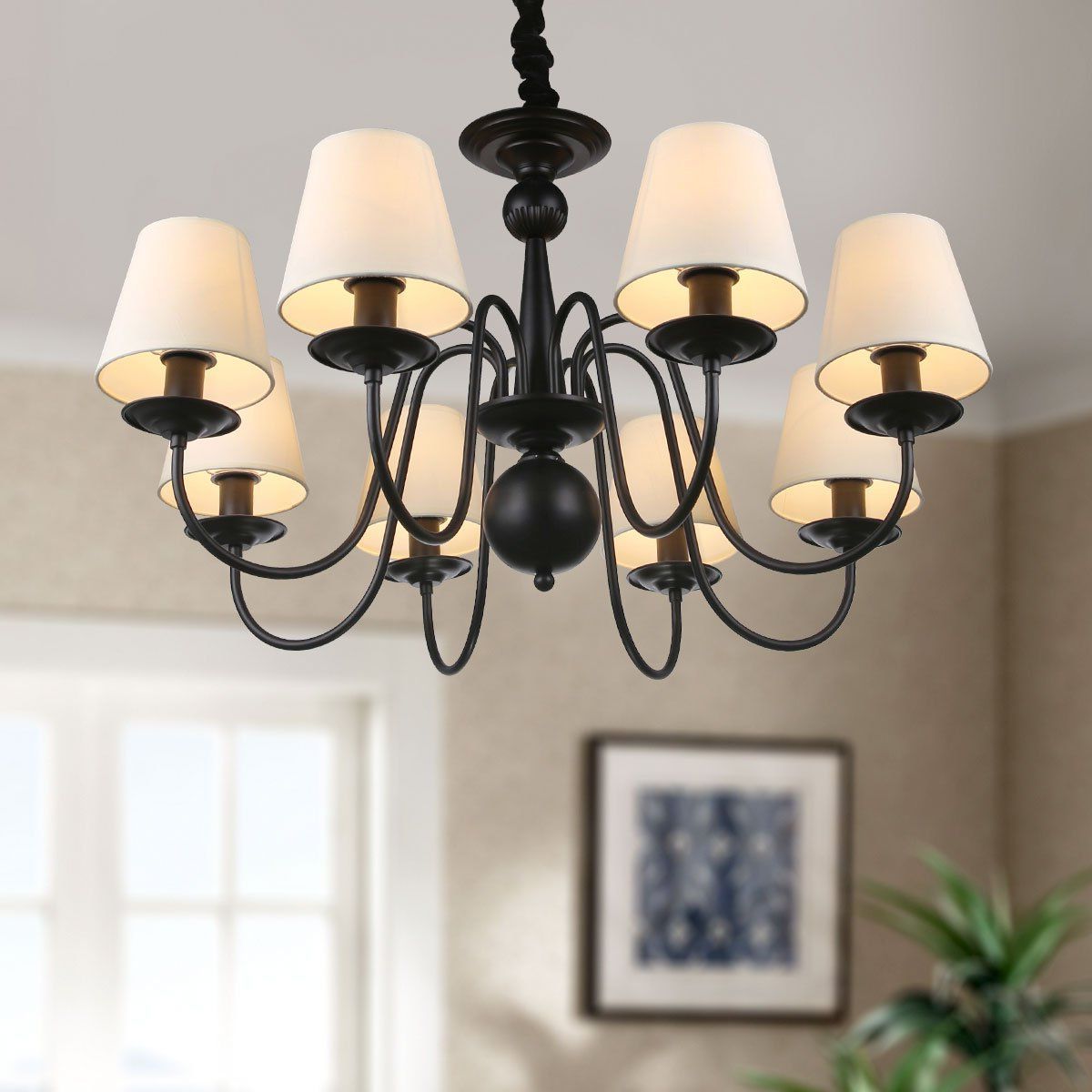 8 Light Black Wrought Iron Chandelier With Cloth Shades (e With Regard To Popular Black Iron Eight Light Minimalist Chandeliers (View 12 of 20)