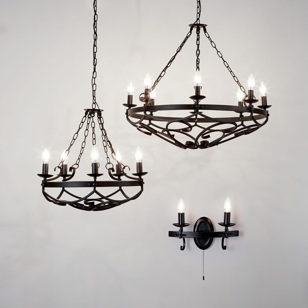 Black Iron Eight Light Minimalist Chandeliers For Most Popular Large Gothic 8 Light Scrolled Iron Cartwheel Chandelier (View 11 of 20)