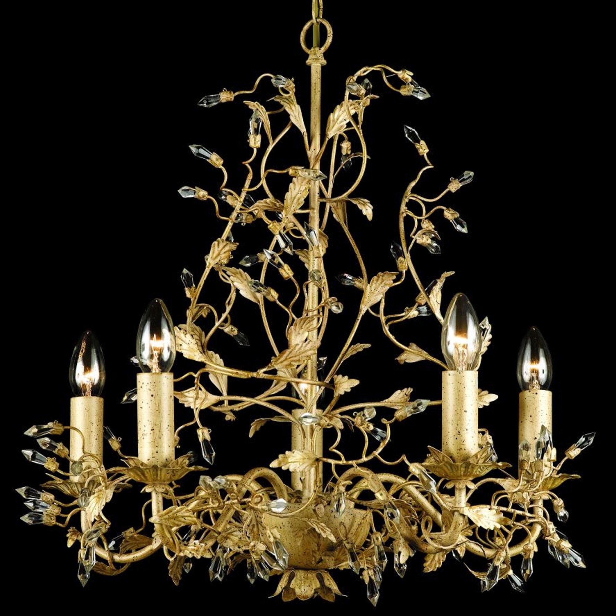 Famous Italiano Cream Gold Leaf And Crystal 5 Light Chandelier Within Antique Gold 18 Inch Four Light Chandeliers (View 16 of 20)