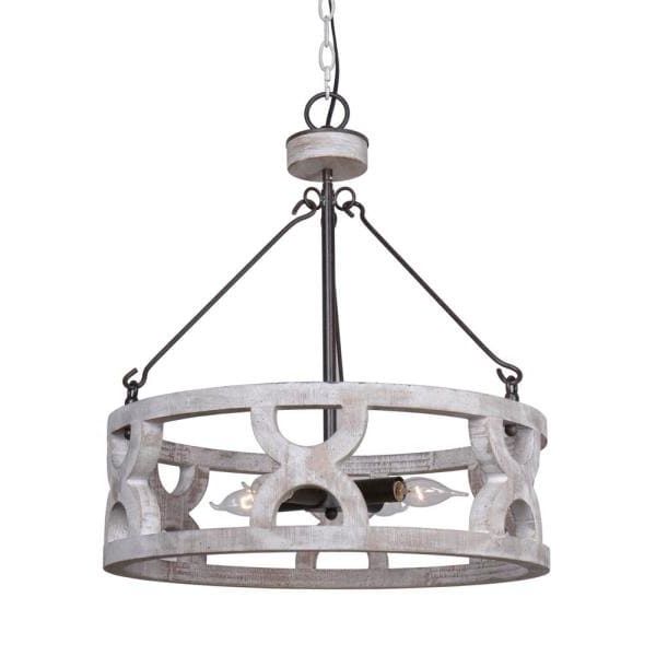 Fashionable Farmhouse 3 Light Distressed White Wood Drum Chandelier With Regard To White And Weathered White Bead Three Light Chandeliers (View 3 of 20)