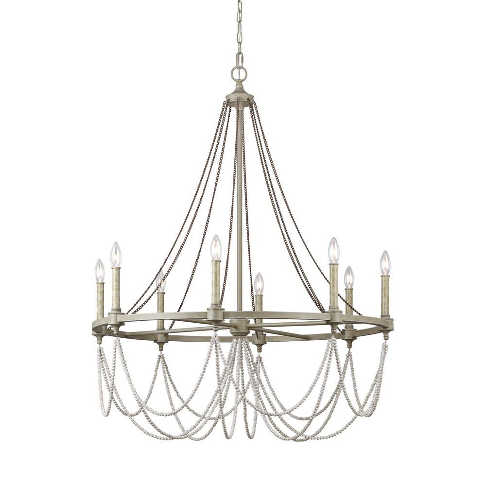 Feiss Beverly 8 Light French Washed Oak And Distressed For Trendy White And Weathered White Bead Three Light Chandeliers (View 12 of 20)