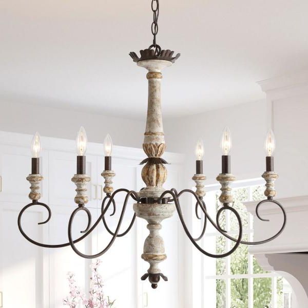 Lnc 6 Light Antique White Wood French Country Farmhouse Regarding Famous French White 27 Inch Six Light Chandeliers (View 2 of 20)