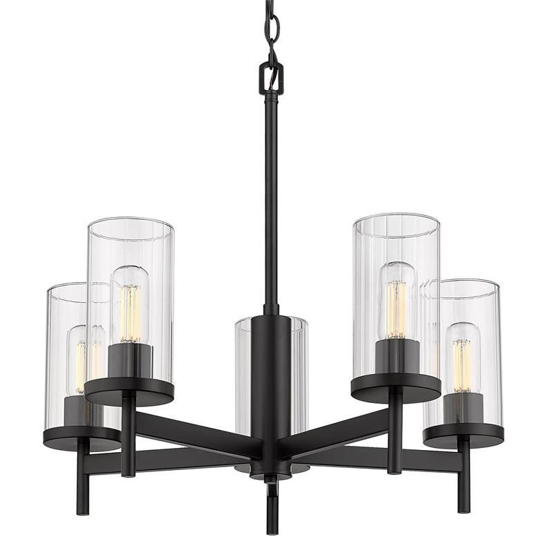 Matte Black Four Light Chandeliers Intended For Famous Winslett 5 Light Chandelier In Matte Black With Ribbed (View 8 of 20)