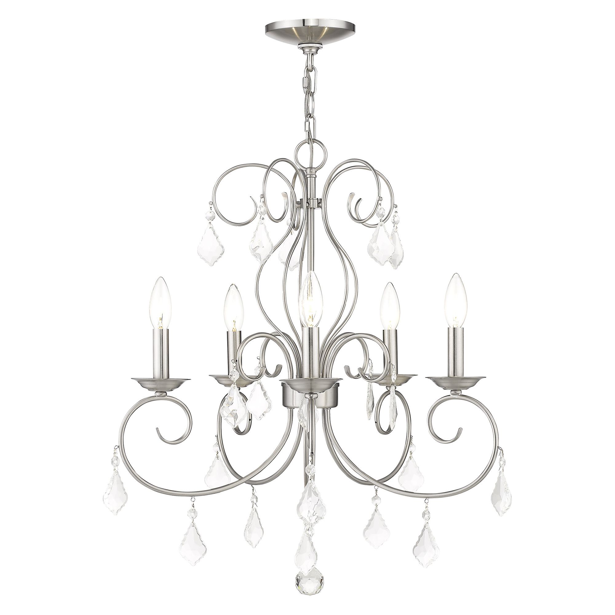 Most Up To Date Satin Nickel Five Light Single Tier Chandeliers Intended For Livex Lighting 50765 Nickel Donatella 5 Light 1 Tier (View 19 of 20)