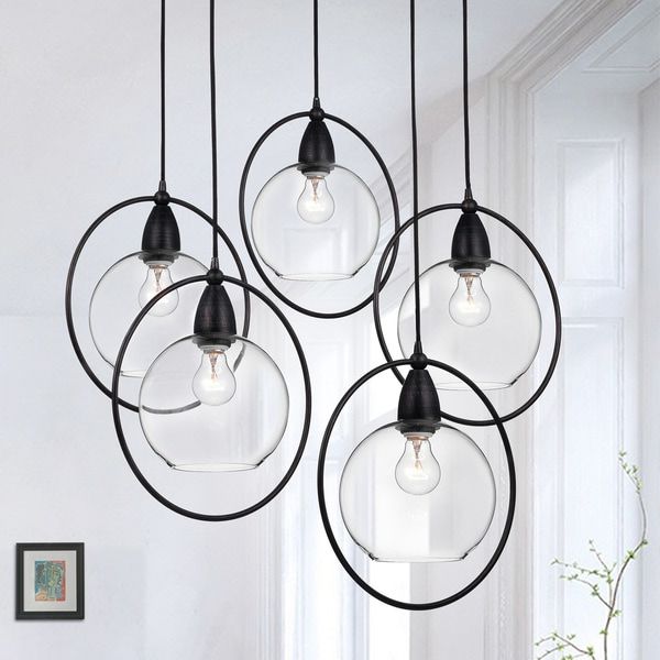 Newest Bubbles Clear And Natural Brass One Light Chandeliers Throughout Shop Luna Antique Black 5 Light Glass Iron Loop Pendant (View 10 of 20)