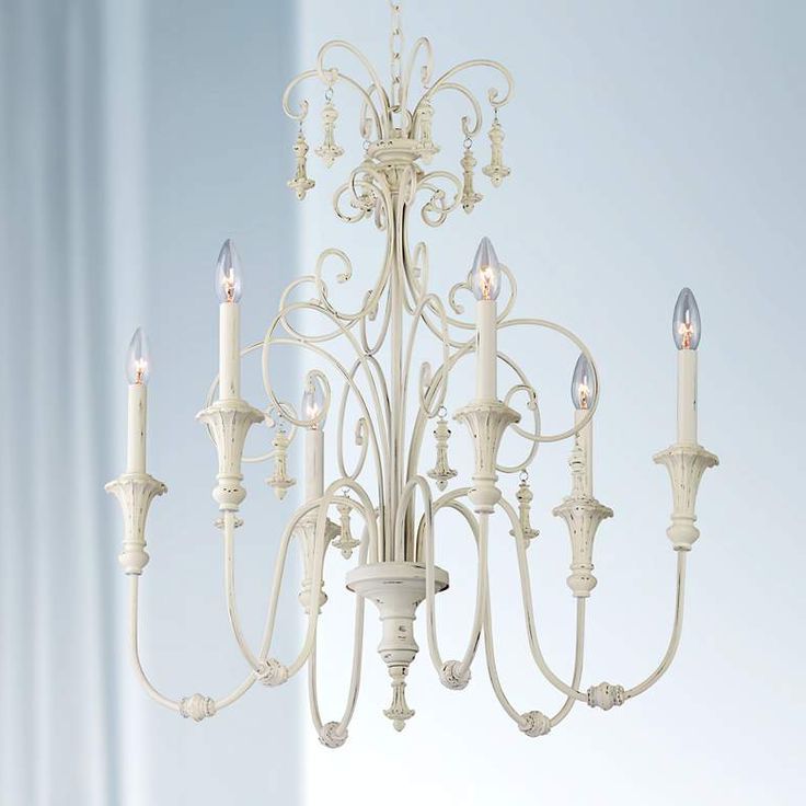 Recent Scrolled Tiers 28" Wide Antique White 6 Light Chandelier In French White 27 Inch Six Light Chandeliers (View 1 of 20)