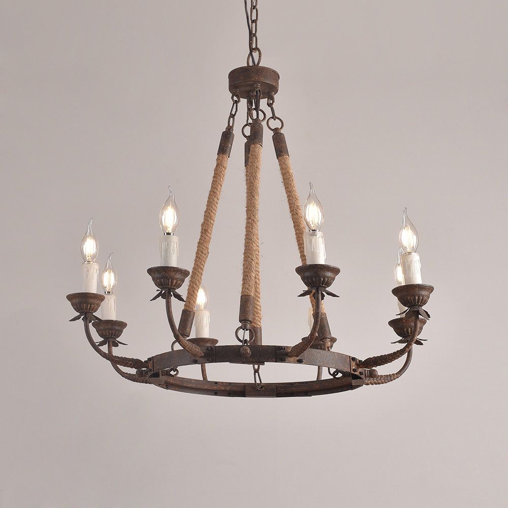 Rustic Iron Flaxen Hemp Rope & Metal 8 Light Round Pertaining To 2019 Steel Eight Light Chandeliers (View 11 of 20)
