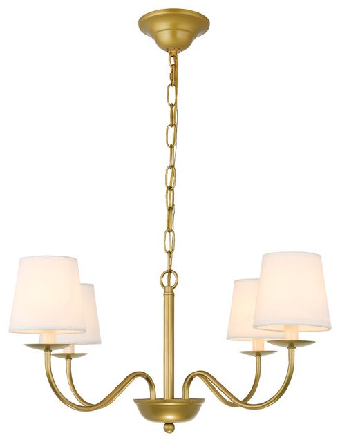 Trendy Brass Four Light Chandeliers Within Brass Finish And White Shade 4 Light Chandelier (View 16 of 21)