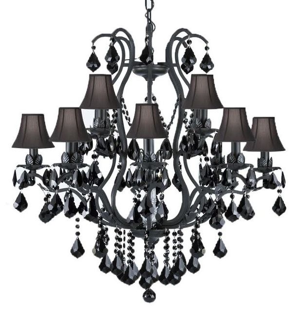 Well Liked Black Wrought Iron Crystal Chandelier Dressed With Black With Black Iron Eight Light Chandeliers (View 15 of 20)