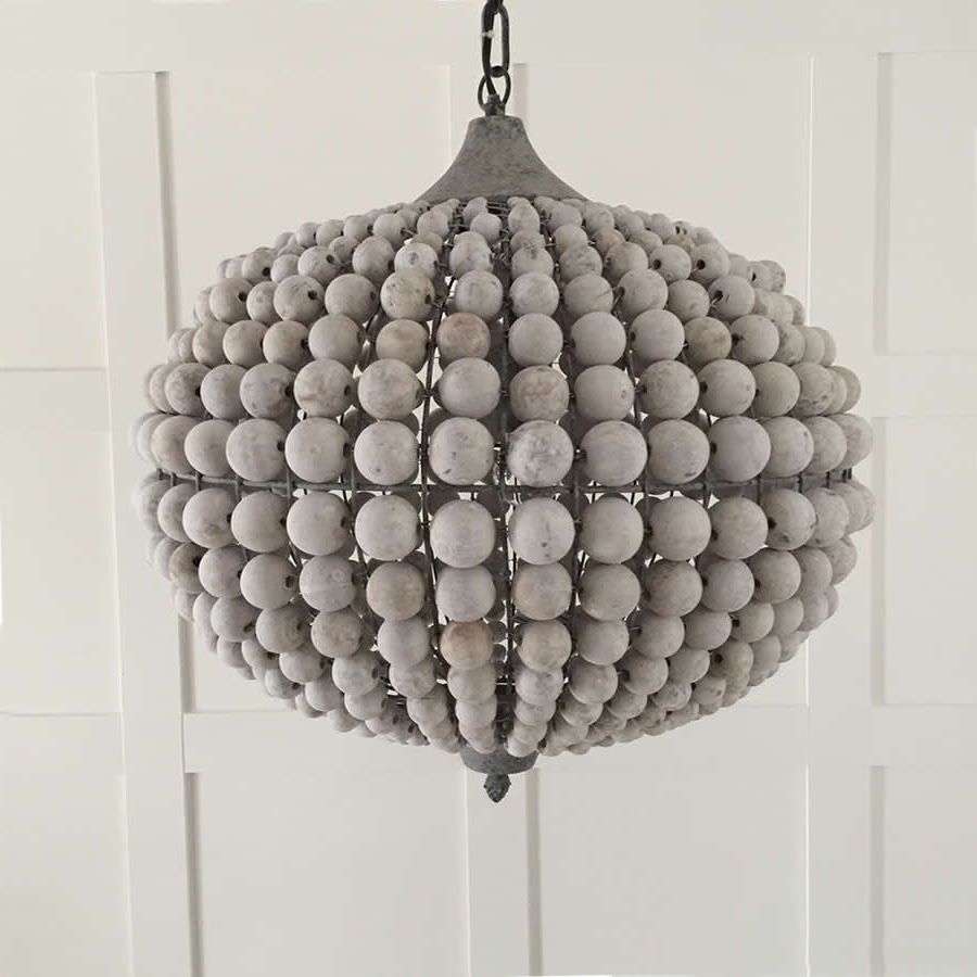 White And Weathered White Bead Three Light Chandeliers Throughout Well Known White Washed Wooden Beaded Chandelier – Perfect Coastal (View 19 of 20)