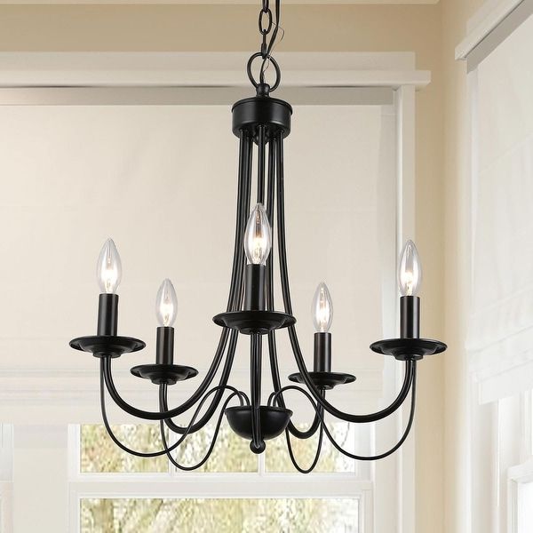 Widely Used Farmhouse 5 Light Matte Black Finish Candle Style Pertaining To Matte Black Four Light Chandeliers (View 2 of 20)