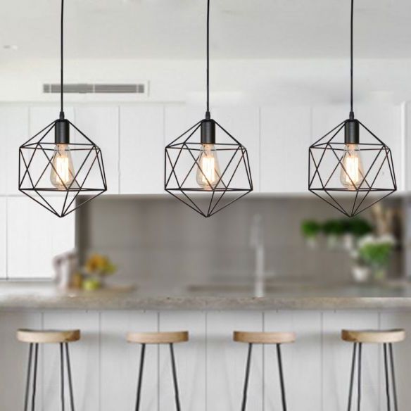 1 Light Geometric Cage Pendant Light Industrial Black With 2019 Black And Gold Kitchen Island Light Pendant (View 5 of 20)