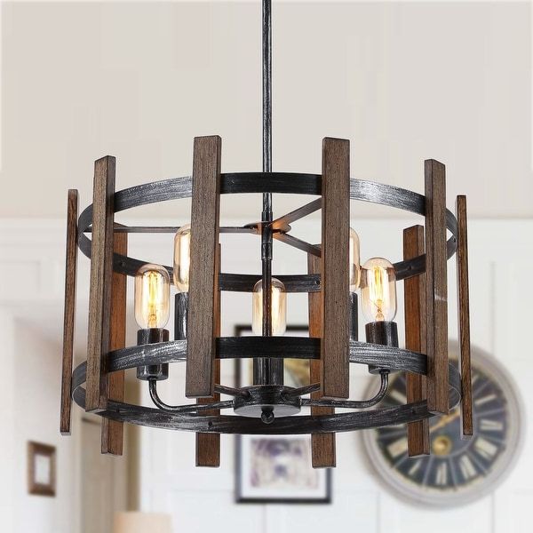 5 Light Distressed Black And Brushed Wood Drum Chandelier Inside 2019 Distressed Cream Drum Pendant Lights (View 11 of 20)