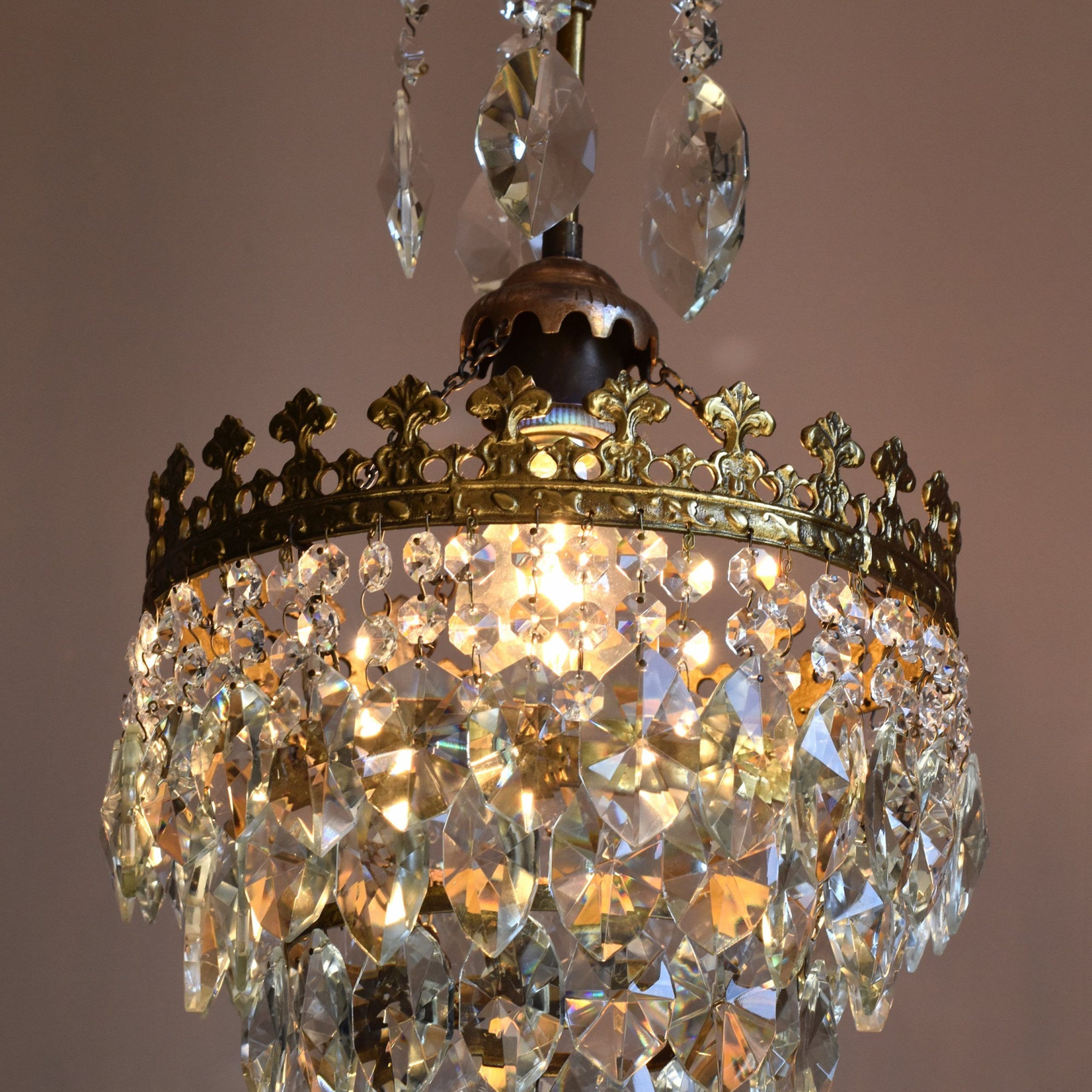 Antique & Vintage Brass Crystal Chandelier, Petite Ceiling In Current Antique Brass Crystal Chandeliers (View 5 of 20)