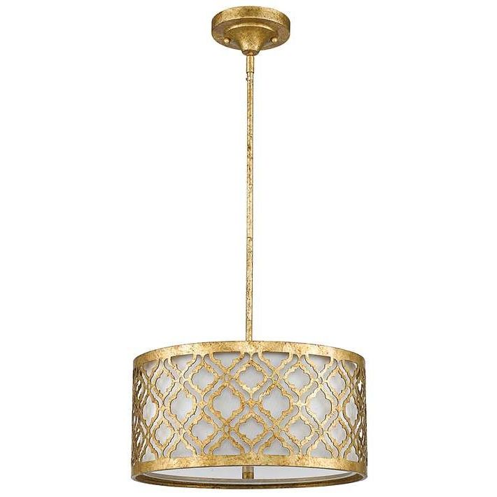 Arabella 16" Wide Distressed Gold Drum Pendant Light In Best And Newest Distressed Cream Drum Pendant Lights (View 3 of 20)