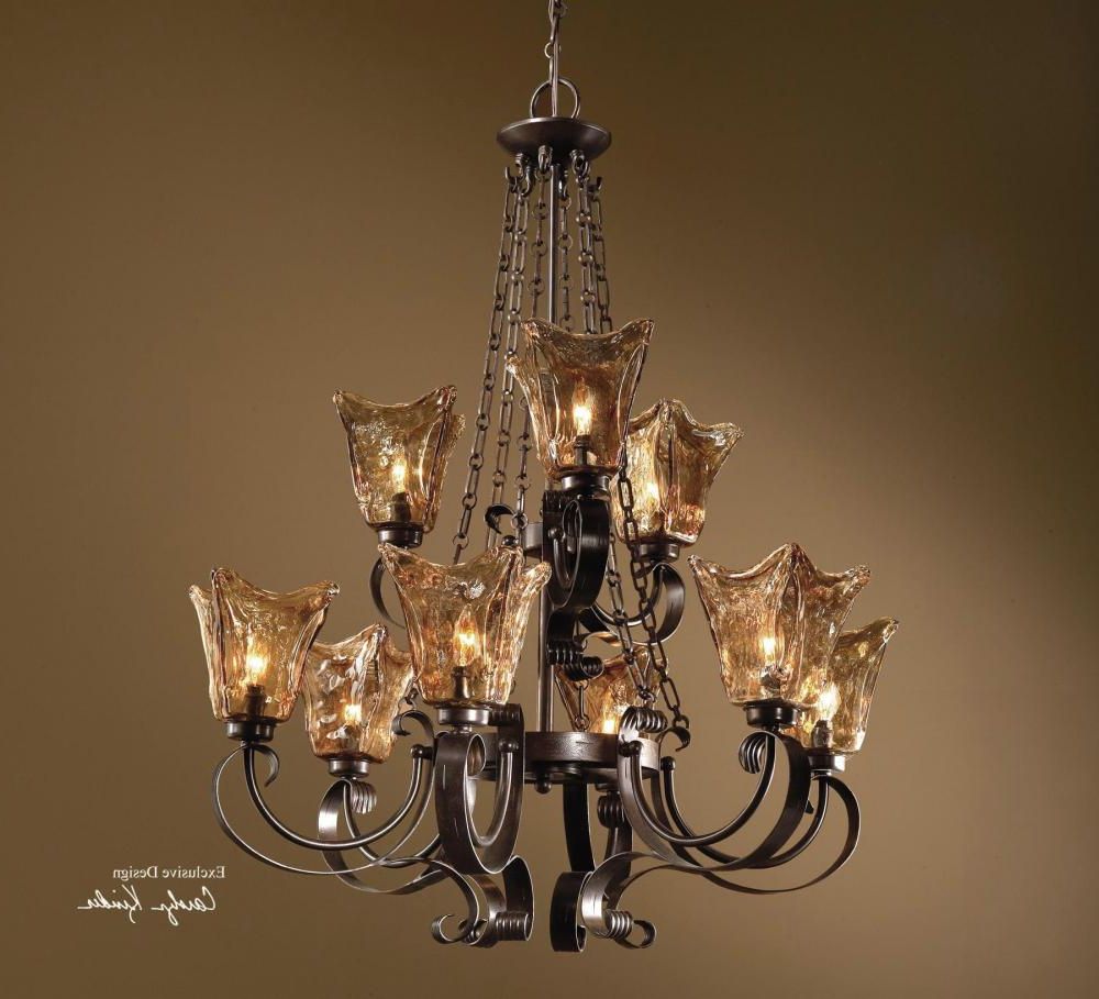 Bronze Round 2 Tier Chandeliers With Current 9 Light 2 Tier Chandelier With Handmade Glass Shades (View 5 of 20)