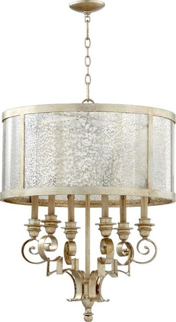 Current Six Light Aged Silver Leaf Drum Shade Chandelier Throughout Ornament Aged Silver Chandeliers (View 13 of 20)