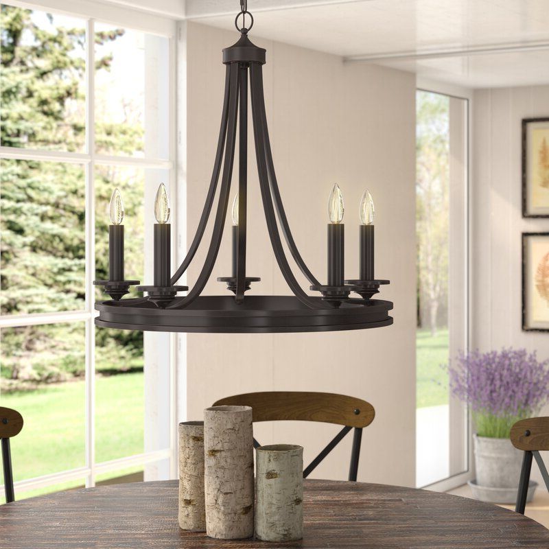 Current Wagon Wheel Chandeliers Regarding August Grove Pavon 5 Light Candle Style Wagon Wheel (View 20 of 20)