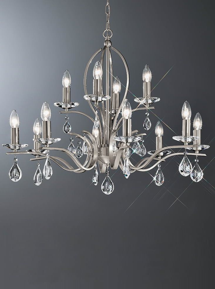 Fl2298/12 Willow 12 Light Chandelier With Crystal Drops Intended For Widely Used Satin Nickel Crystal Chandeliers (View 6 of 20)