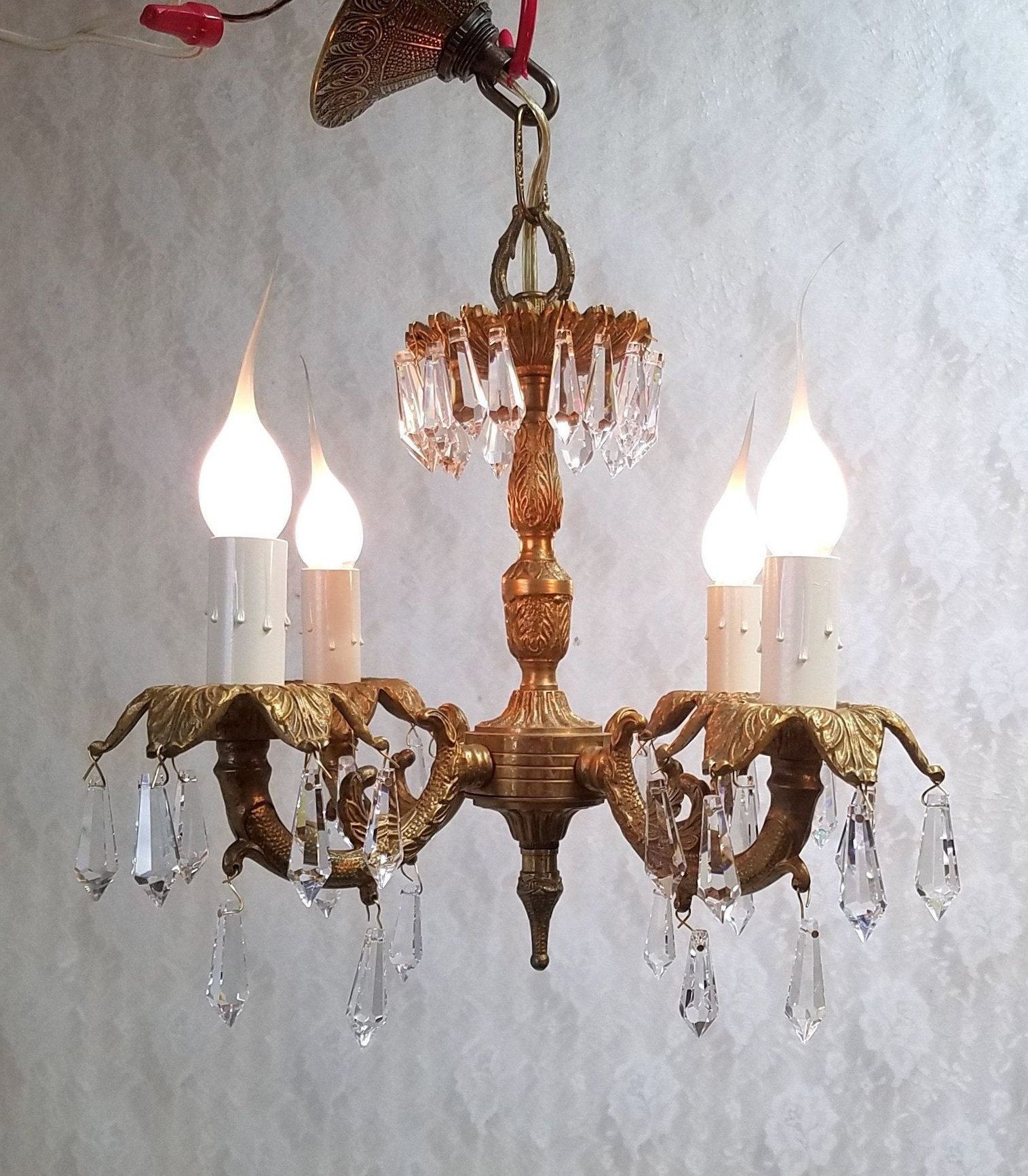 Four Light Petite Brass Crystal Chandelier Beautiful For Famous Walnut And Crystal Small Mini Chandeliers (View 18 of 20)