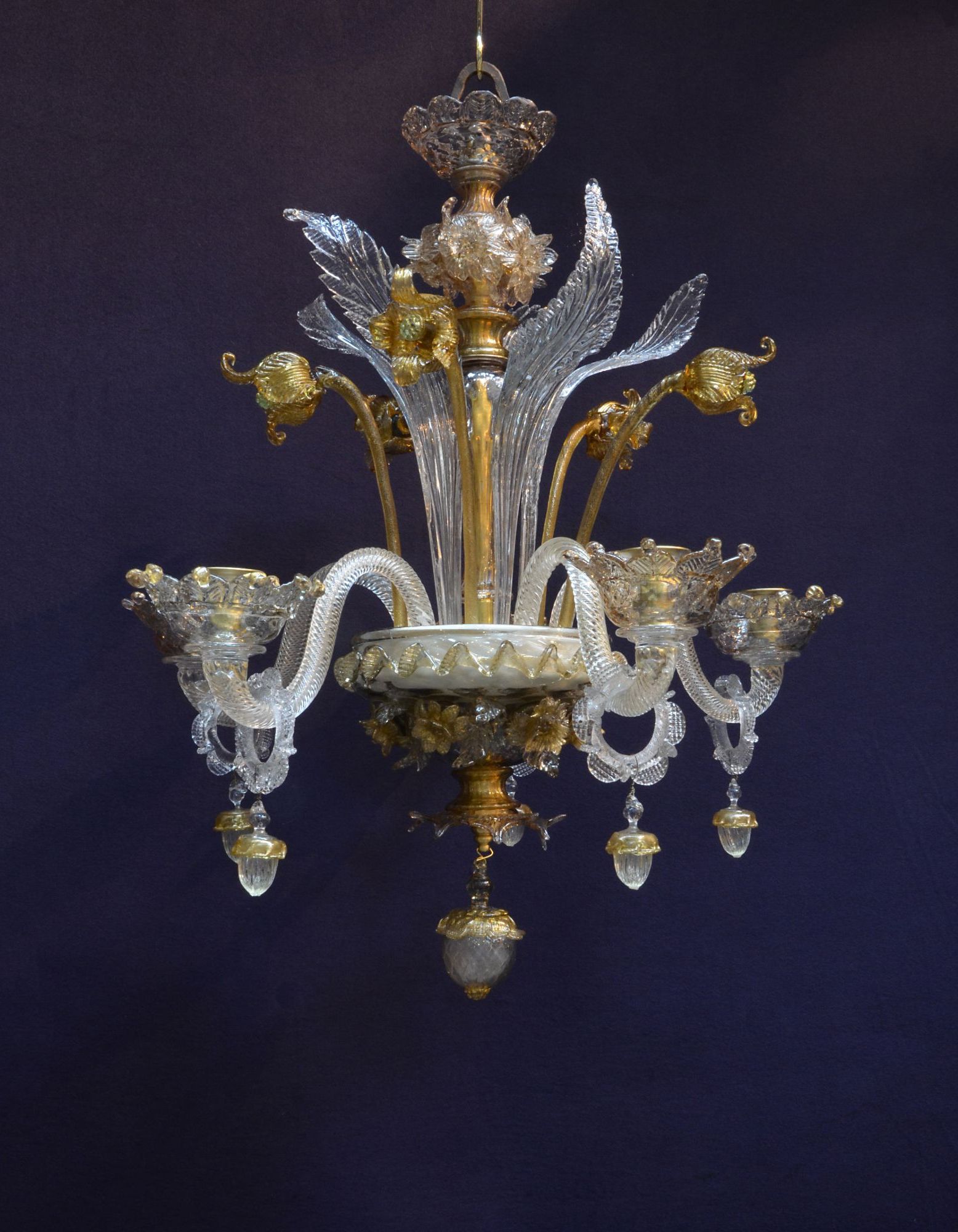 Gold And Champagne Coloured Venetian Glass Five Branch For Trendy Champagne Glass Chandeliers (View 10 of 20)