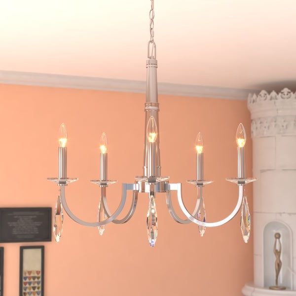 Hoyne 5 Light Crystal And Satin Nickel Candle Chandelier Regarding Well Liked Satin Nickel Crystal Chandeliers (View 10 of 20)
