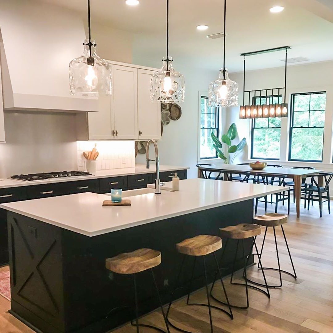 Most Recent Modern Farmhouse With Two Toned Kitchen Cabinets, Matte For Black Wood Grain Kitchen Island Light Pendant Lights (View 13 of 20)