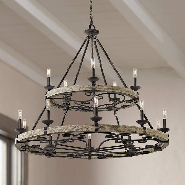Most Recent Wagon Wheel Chandeliers Within Taulbee 44" Wide Aged Zinc 15 Light Wagon Wheel Chandelier (View 10 of 20)
