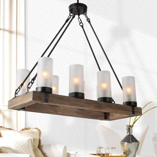 Popular Bronze Kitchen Island Chandeliers For Lnc Farmhouse 8 Light Wood Frosted Glass Pendant Bronze (View 15 of 20)