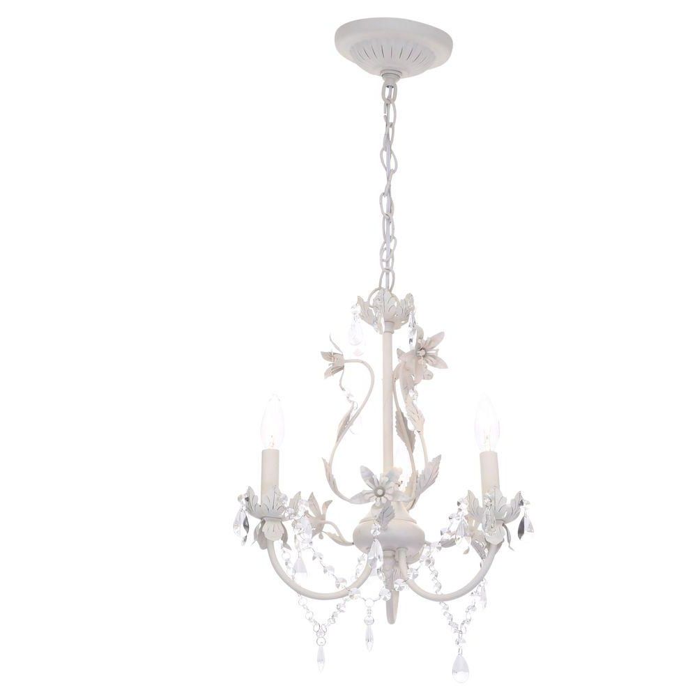 Popular Hampton Bay Kristin 3 Light Antique White Hanging Mini Throughout Walnut And Crystal Small Mini Chandeliers (View 3 of 20)