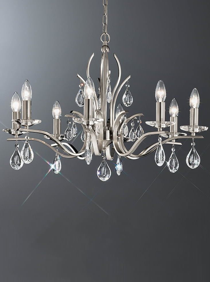 Satin Nickel Crystal Chandeliers With Regard To Current Fl2298/8 Willow 8 Light Chandelier With Crystal Drops (View 2 of 20)