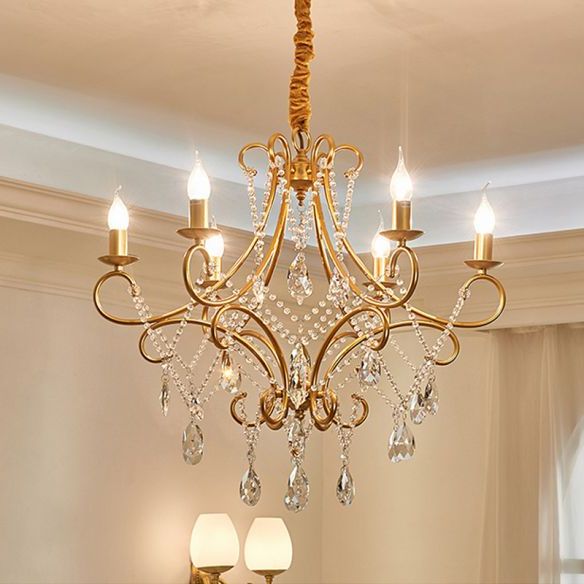 Soft Gold Crystal Chandeliers With Regard To 2019 Crystal Stands Gold Suspension Lighting Raindrop 6 Heads (View 14 of 20)