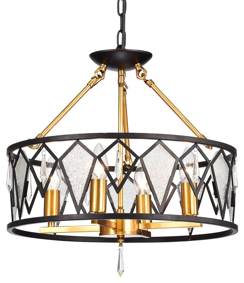 Trendy 4 Light Black And Antique Gold Flushmount Chandelier With Inside Golden Bronze And Ice Glass Pendant Lights (View 1 of 20)