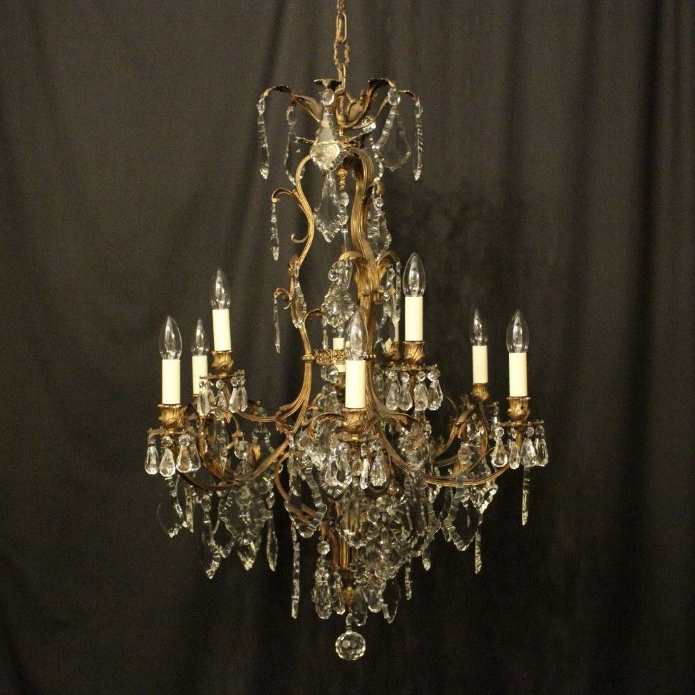 Trendy French Gilded Bronze & Crystal 9 Light Antique Chandelier Regarding Antique Brass Crystal Chandeliers (View 4 of 20)