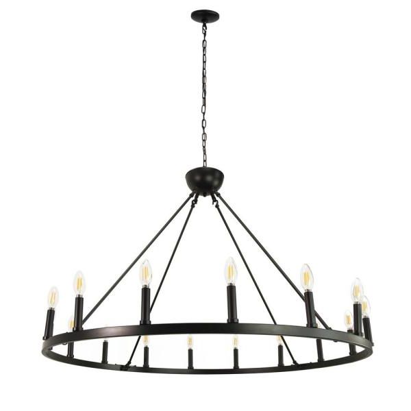 Well Known Andmakers Ancora 16 Light Matte Black Wagon Wheel With Regard To Black Wagon Wheel Ring Chandeliers (View 14 of 20)