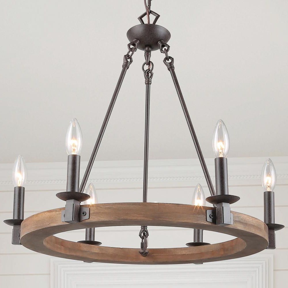 Wood Ring Modern Wagon Wheel Chandeliers Intended For Trendy Lnc Hartisee Dining Room Adjustable Farmhouse 6 Light (View 10 of 20)