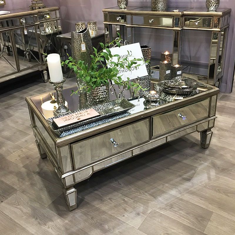 2018 Belfry 4 Drawer Champagne Gold Mirrored Coffee Table Intended For Mirrored Coffee Tables (View 7 of 20)