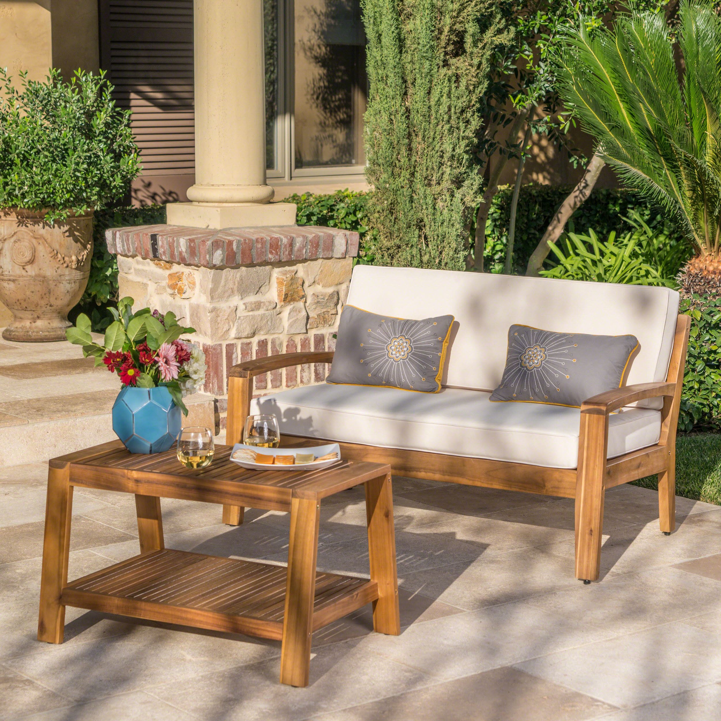 2018 Christian Outdoor Acacia Wood Loveseat And Coffee Table Inside Ecru And Otter Coffee Tables (View 14 of 20)