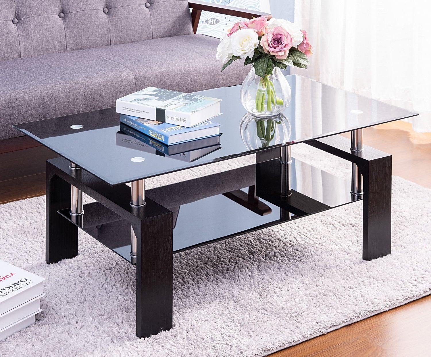 2019 Glass Coffee Table For Living Room, Modern Rectangle Pertaining To Espresso Wood And Glass Top Coffee Tables (View 2 of 20)