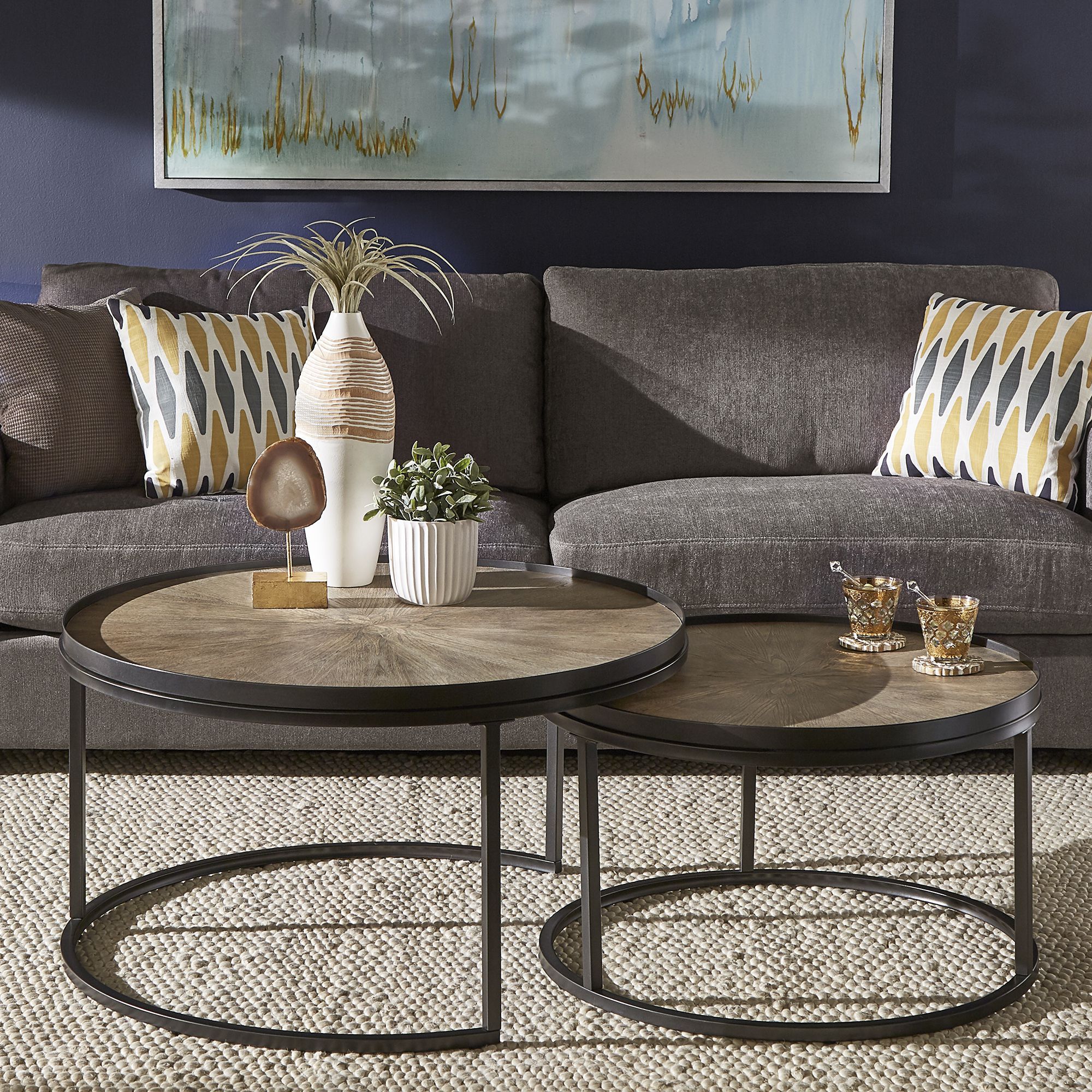 2019 Weston Home Bluff Grey Oak Finish Round Nesting Coffee Regarding Black And Oak Brown Coffee Tables (View 4 of 20)