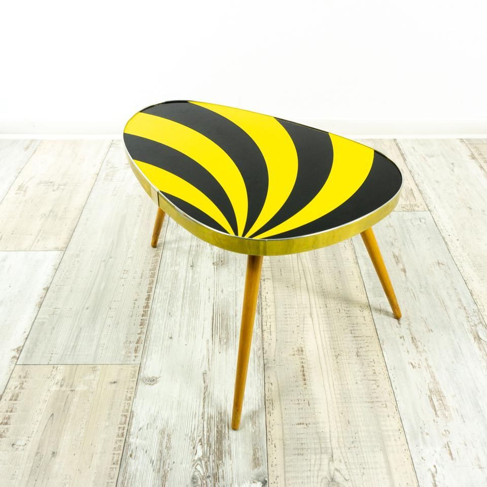 60s Midcentury Sunburst Kidney Tripod Stool Black Yellow Regarding Well Known Yellow And Black Coffee Tables (View 2 of 20)