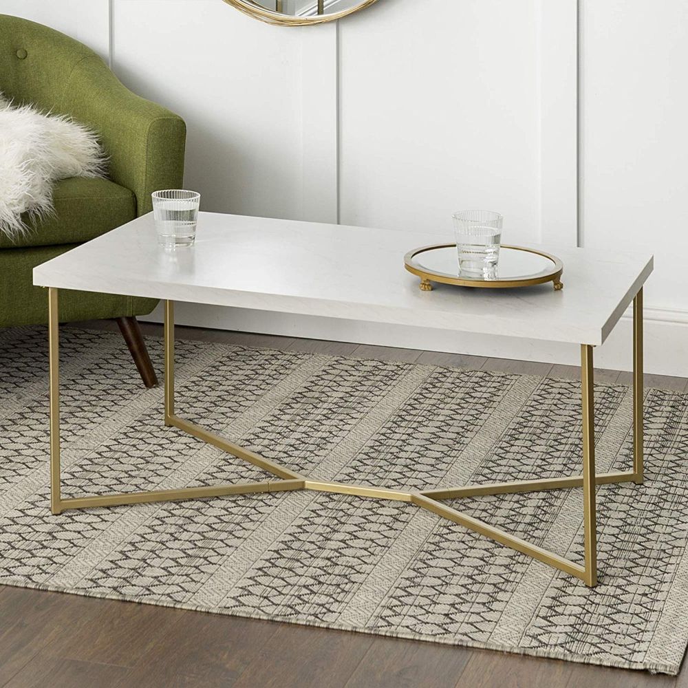 Amazon: We Furniture Short Rectangular Coffee Table For Most Up To Date White Marble Gold Metal Coffee Tables (View 6 of 20)