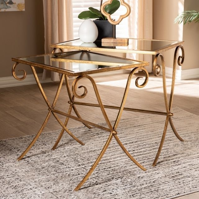 Ambre Gold Finishes Metal & Mirrored Glass 2 Piece Stack With Regard To Favorite Antique Gold Nesting Coffee Tables (View 10 of 20)