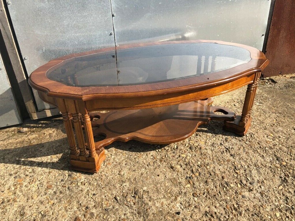 Antique Blue Wood And Gold Coffee Tables Regarding Famous Vintage Retro Regency Oval Solid Wood Coffee Table With (View 5 of 20)