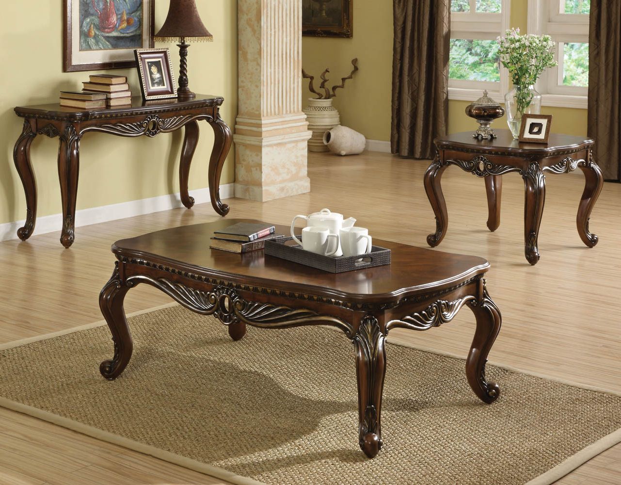 Antique Blue Wood And Gold Coffee Tables Throughout Newest Brown Cherry Finish Antique Finish Coffee Table (View 1 of 20)