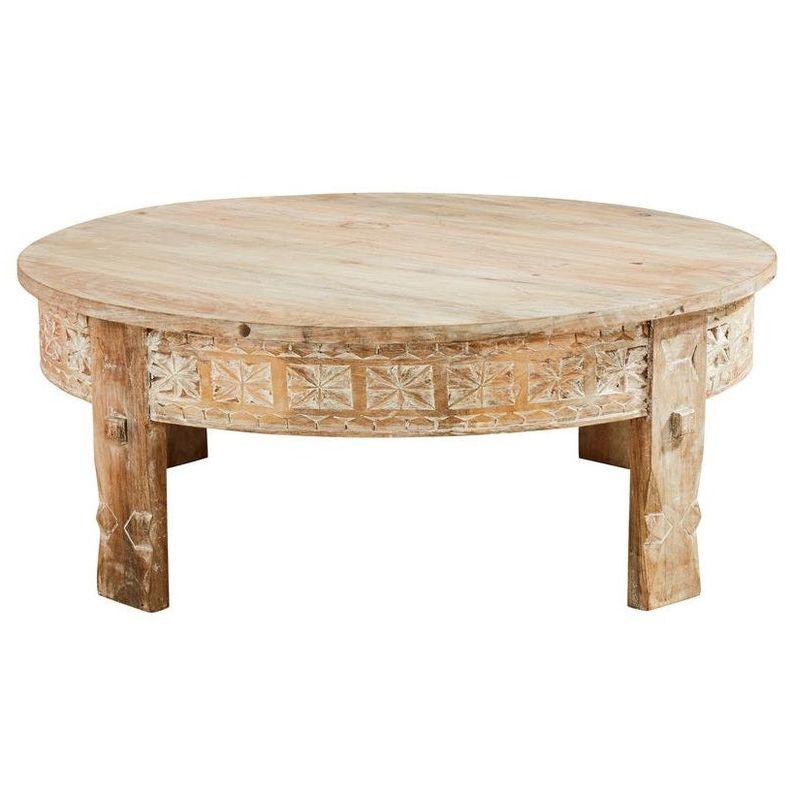 Best And Newest Wood Indian Carving Round White Wash Coffee Table (View 17 of 20)