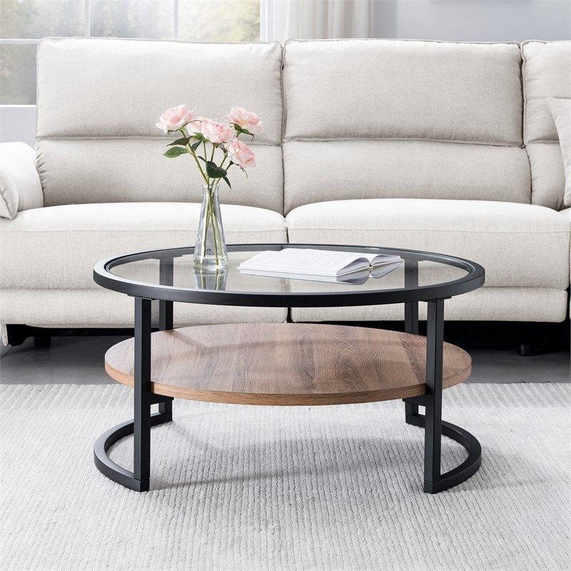 Black And Oak Brown Coffee Tables Throughout Recent Henn&hart Black And Bronze Round Metal Coffee Table With (View 7 of 20)