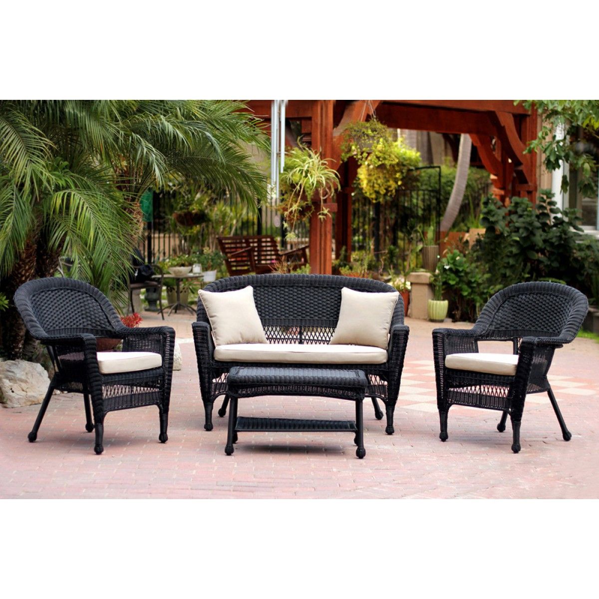 Black And Tan Rattan Coffee Tables Inside Well Liked 4pc Black Wicker Conversation Set – Tan Cushion (View 3 of 20)