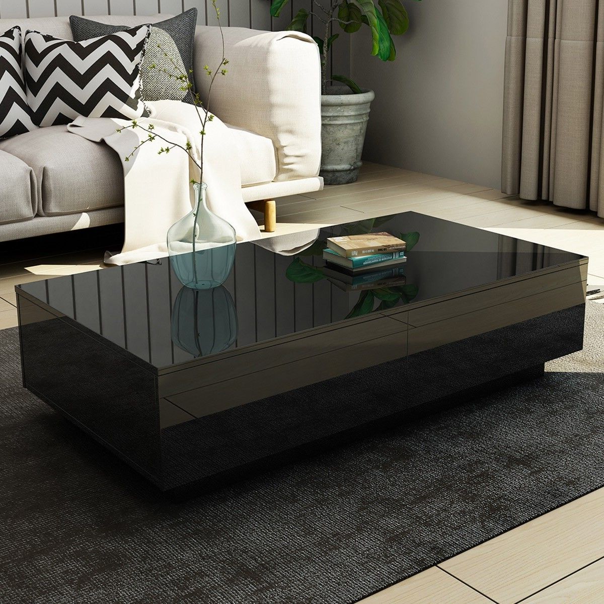 Black Coffee Tables Intended For Trendy New 4 Drawer Coffee Table Wood Living Room Furniture High (View 15 of 20)