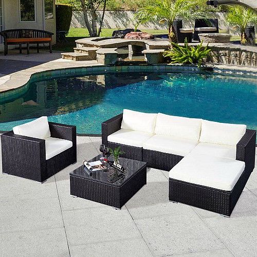 Black Rattan Sofa Set 6pc Wicker Patio Outdoor Cushioned With Regard To Most Up To Date Black And Tan Rattan Coffee Tables (View 14 of 20)
